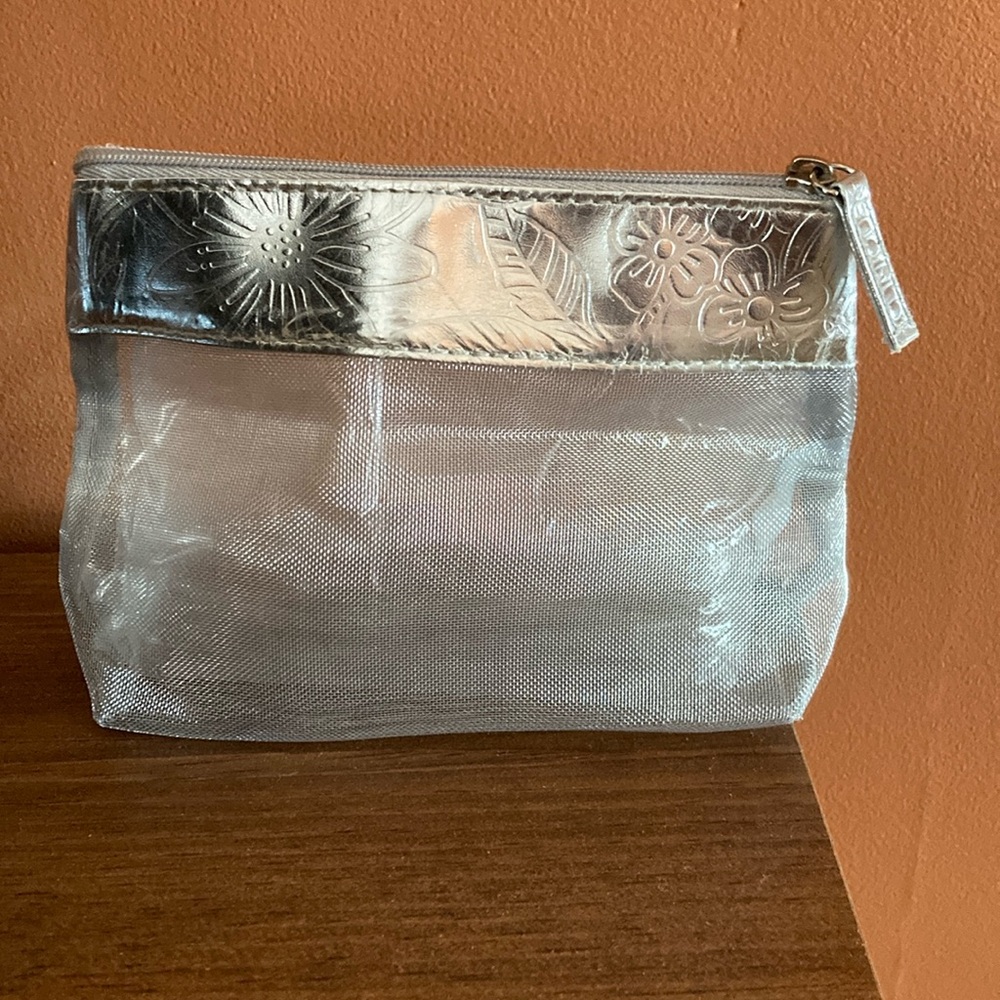 NWOT Clinique silver mesh makeup bag